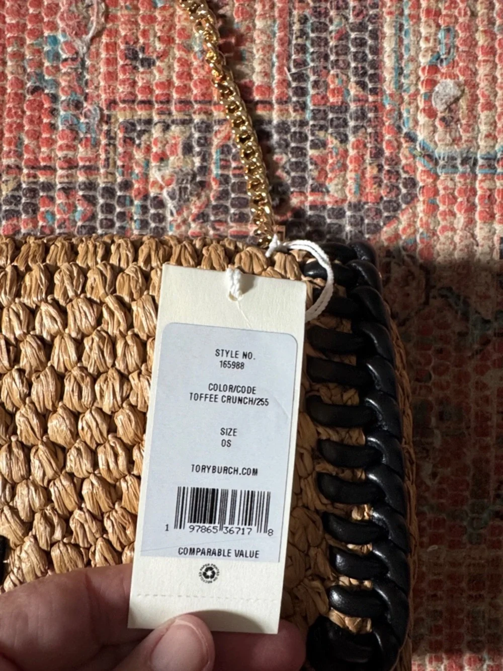 Tory Burch Woven Straw Shoulder Bag with Black Trim and Gold Chain Handle